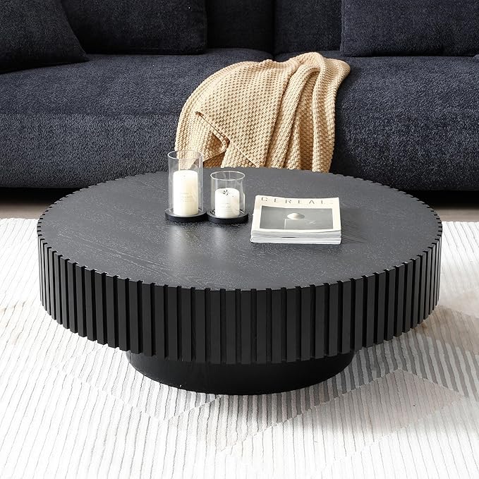 35.43''/90CM Round Wood Coffee Table for Living Room, Modern Handcraft Drum Tea Table, Circle Wooden Coffee Table for Small Space Apartment(Black, Ø35.43 x 13.77)
