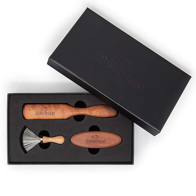 Zilberhaar Beard Brush Grooming Kit (Soft Version) 2nd Cut Boar Bristles - Ideal for Stubbles and Short To Medium Beards - Distributes Balm and Oil for Growth/Styling - Comes with Brush Cleaning Tool