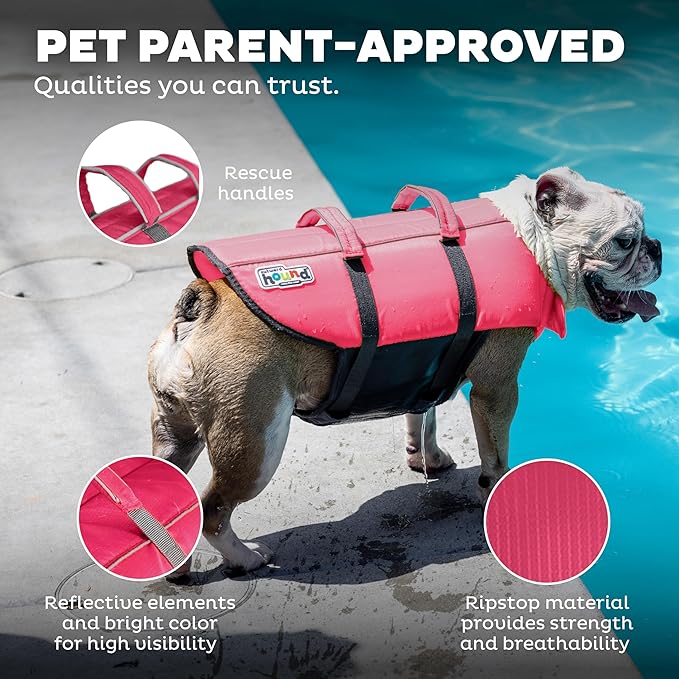 Outward Hound Granby Splash Dog Life Jacket, High-Buoyancy Dog Life Vest for Swimming, Boating, and Water Safety, Large, Pink