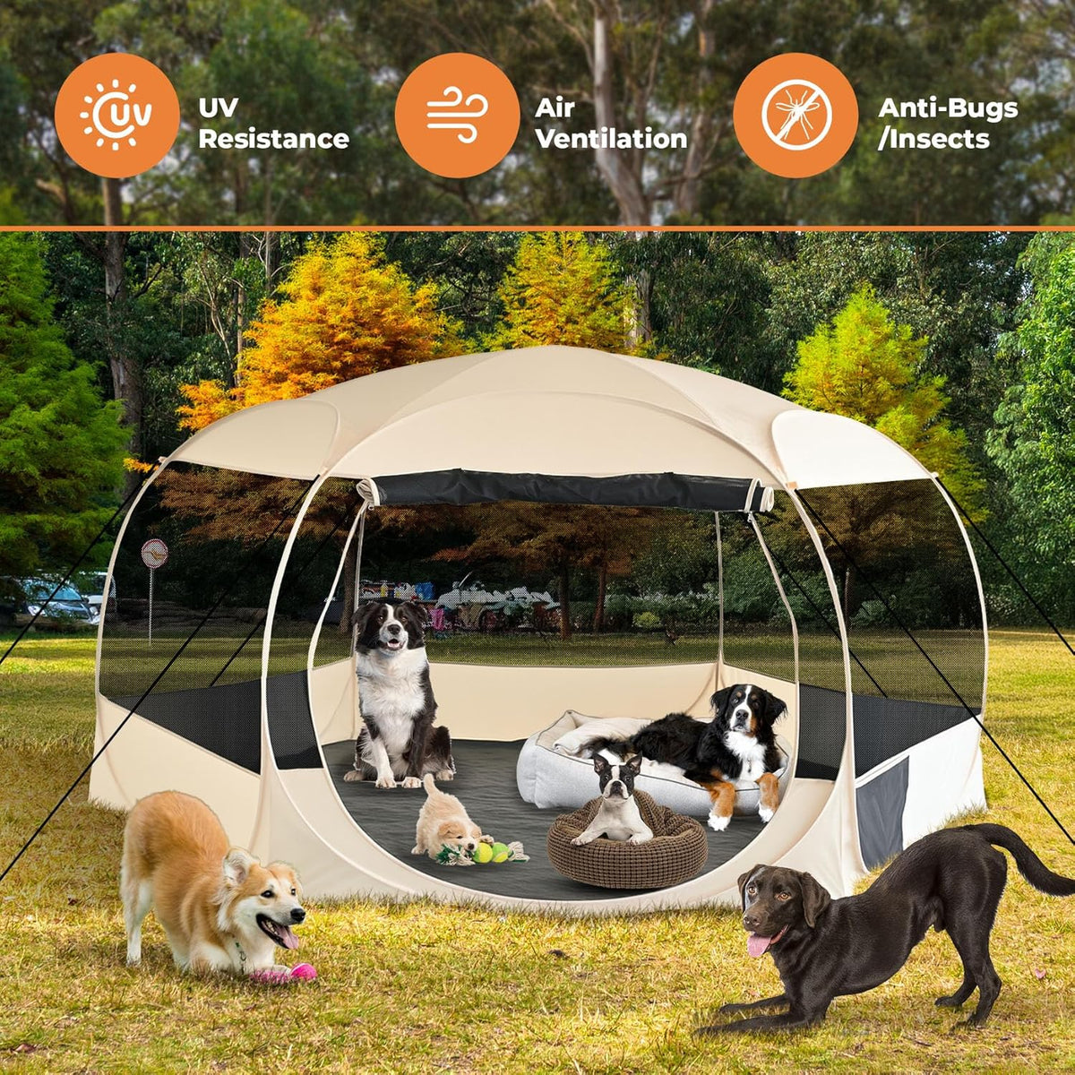 EighteenTek XXLarge Popup Portable Dog Houses, 10'x4.8'H Assembly-Free Gazebo-Style Dog Cot Cat Playpen Screen Pet Tent Sun Shade Shelter Dog Bed with Canopy for Outdoor Anti-Bugs with Leakproof Floor