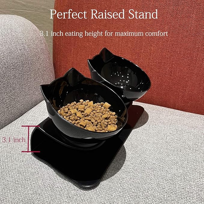 Luck Dawn Double Elevated Cat Bowls with Raised Stand, 15 Tilted cat Bowl Design Neck Guard Stand Raised Pet Food Water Feeder Bowl for Cats or Small Dogs