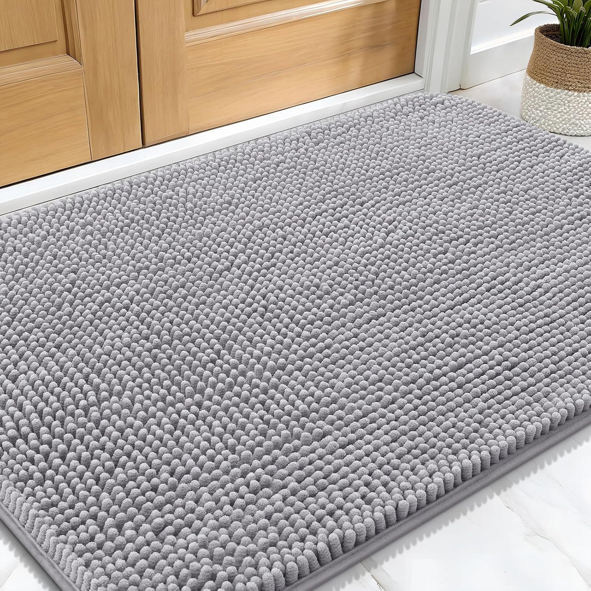 OLANLY Dog Door Mat for Muddy Paws 34x21, Absorbs Moisture and Dirt, Absorbent Non-Slip Washable Doormat, Quick Dry Chenille Mud Mat for Dogs, Entry Indoor Entryway Carpet for Inside Floor, Light Grey