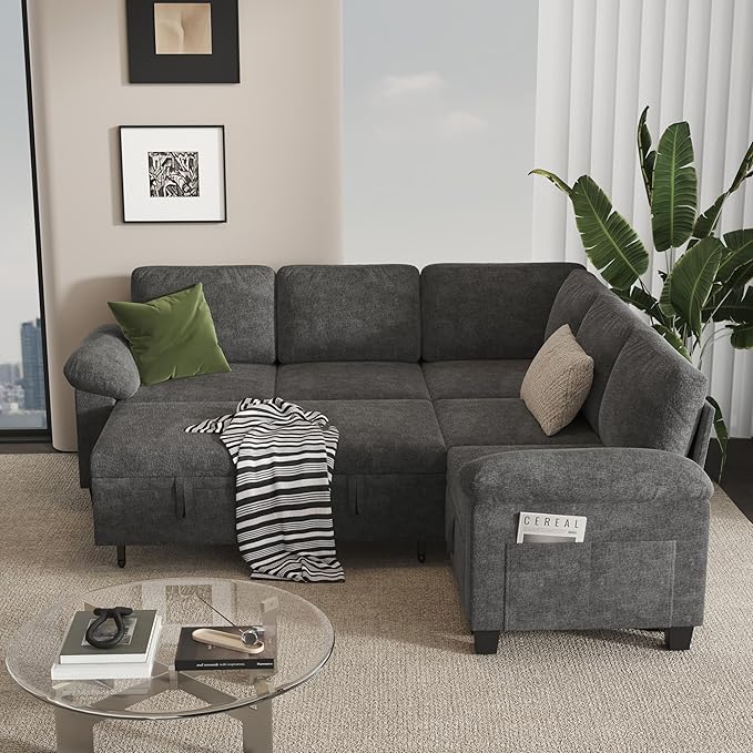 76.8" Modular Sectional Sleeper Sofa with Pull Out Bed,U Shaped 5 Seat Sectional Sofa with Storage, Modular Couch for Living Room,Deep Seat Couch with Removable Sofa Cover,Gray