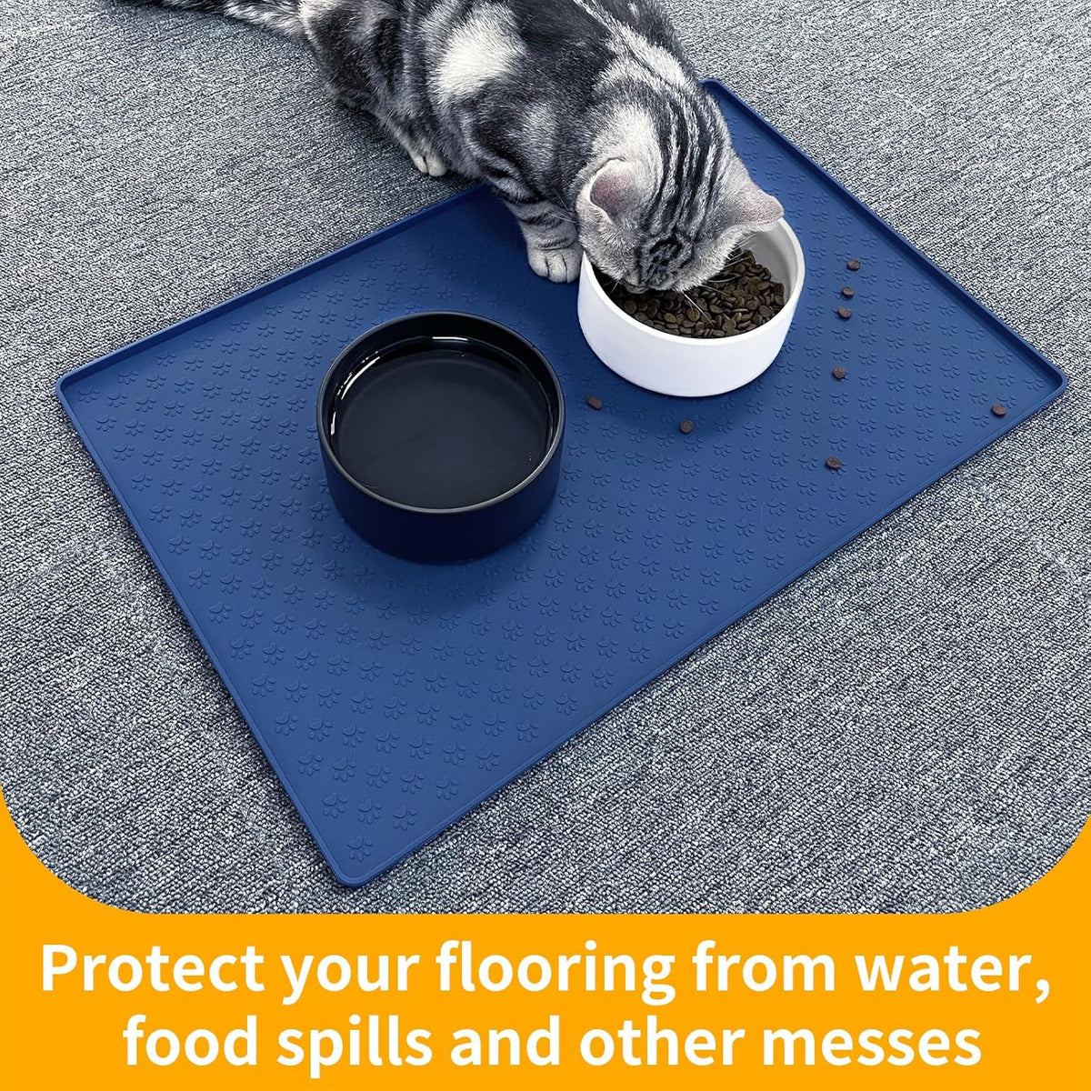 Ptlom Silicone Pet Placemat for Dog and Cat, Waterproof Non-Slip Pet Feeding Bowl Mats for Food and Water, Small Medium Large Tray Mat Prevent Residues from Spilling to Floor, Navy Blue, 24.5" 16.5"