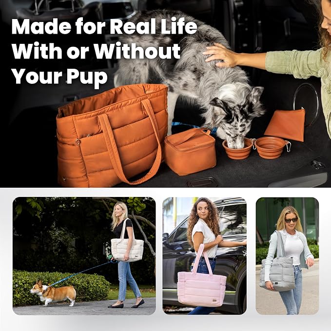 Puffer Dog Travel Bag for Dog Moms, Diaper Bag with Travel Bowls | 2 BPA-Free Collapsible Bowls, 2 Pet Food Containers, 9 Pockets, Everyday Puffer Bag Works With or Without Your Dog, Soft Pink