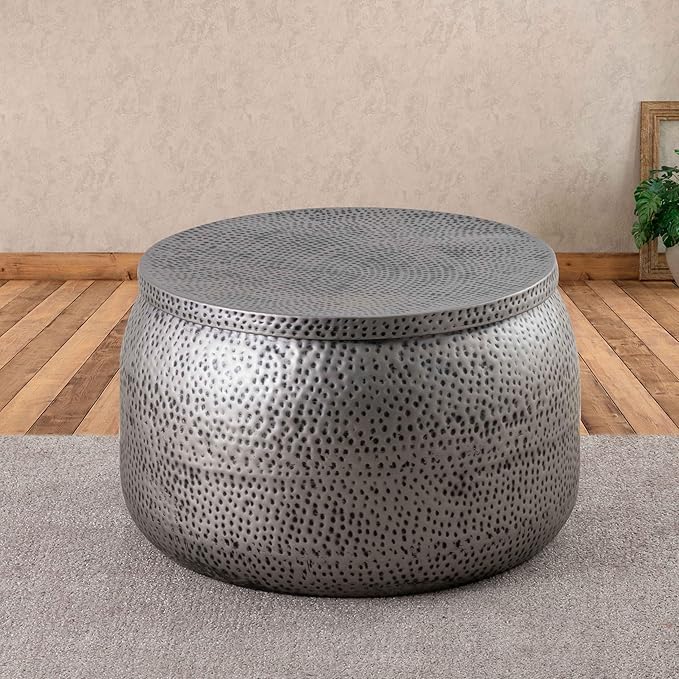 Albany Living Modern Round Aluminum Hammered Embossed Texturing, Metal Drum Coffee Table with Removable Lid for Storage,Fully Assembled, for The Living Room and Bedroom, Gray