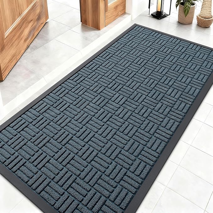 OLANLY Front Door Mat Outside Entrance 47x23, Absorbent, Heavy Duty Sturdy Natural Rubber Doormat Indoor Outdoor, Non-Slip, Stain and Fade Resistant, Low Profile Floor Mat for Entryway, Lake Blue