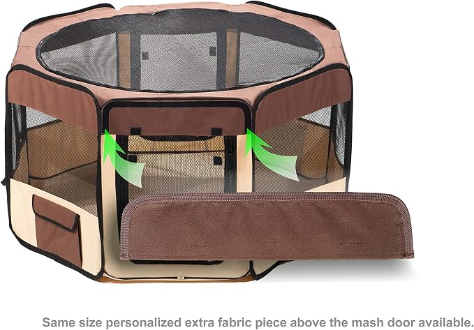 Pawer 45”×24” 8-Panel Foldable Pet Playpen, Brown+Beige, Personalize Embroidery Extra Fabric Piece Available, for Cat/Dog/Puppy, 600D Oxford Cloth Portable Indoor & Outdoor Kennel with Carry Bag