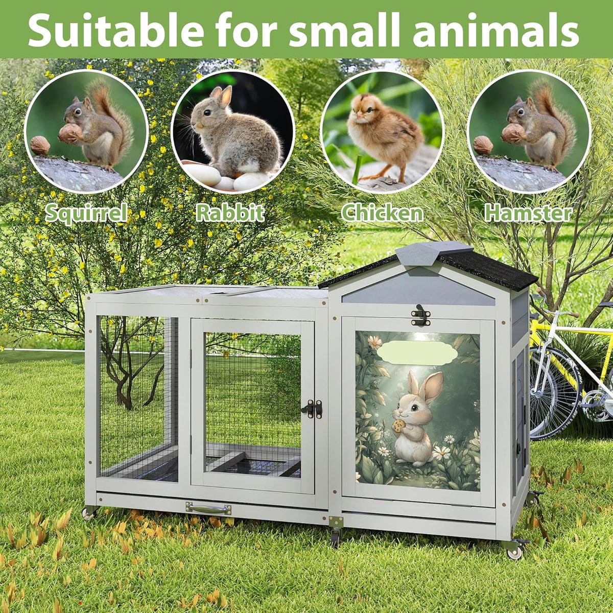 COZIWOW 39inches Assembled Wood Rabbit Hutch Indoor，Wide Space Small Animal Houses with Removable Tray&Safety Lock，Bunny Cage with Waterproof Roof&Solar Panels (Grey with Pattern)