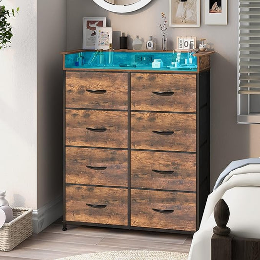 Tall Dresser for Bedroom with Charge Station 8 Drawers Dresser with LED Lights