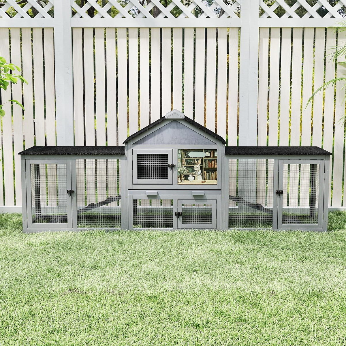 COZIWOW 82inches Extra Large Wood Rabbit Hutch Outdoor Easy to Assemble and Stable Bunny Cage Indoor with Cleaning Tray & Waterproof Roof for Small and Medium Bunny Rabbit Chick (Grey)