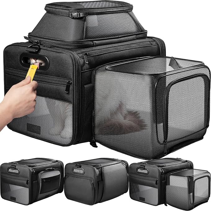 Top-Side Expandable Pet Carrier, Treat Window,18x13x9.5 Airline Approved | for Southwest Frontier,Soft-Sided Cat Carrier, Anti-Scratch Mesh, Lockable Zippers,Dog Carrier for Kitten,Rabbit,Puppy, Black