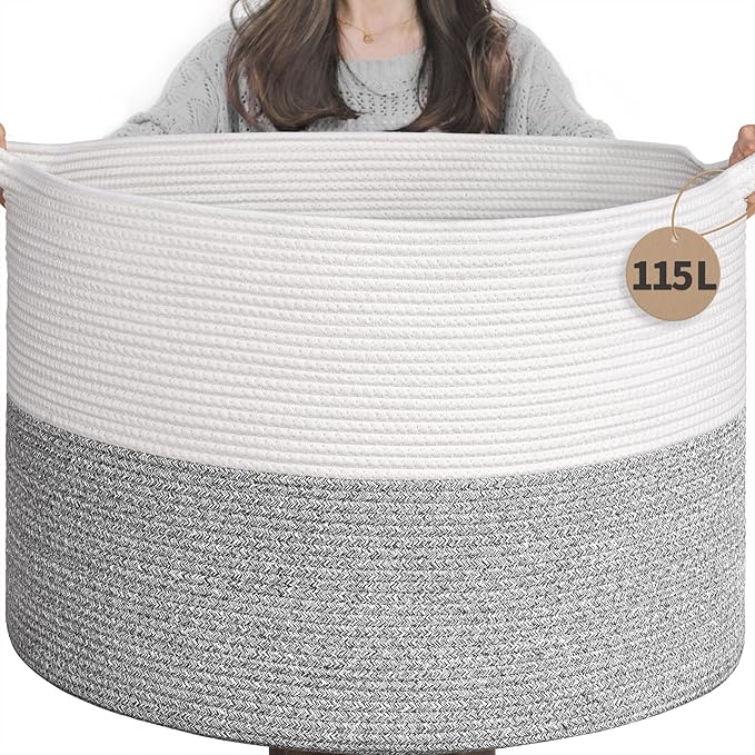 INDRESSME 115L Extra Large Blanket Basket, Soft Cotton Rope Storage Basket for Organizing, Home Decor, Toys, Laundry & Towels, Toy Storage Organizer for Living Room & Nursery, Light Grey