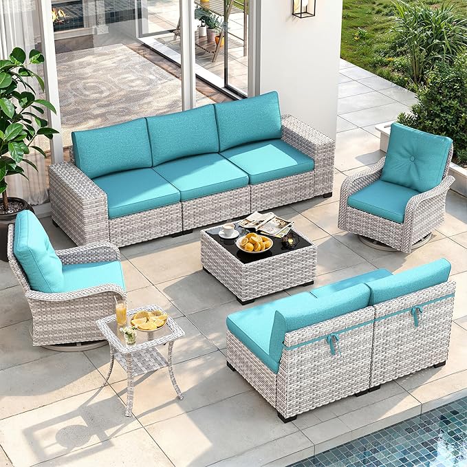 9 Piece Outdoor Wicker Rattan Sectional Sofa Set with Swivel Chairs, 7-Seats Conversation Set with 4" Thickened Cushions & Coffee Table, All-Weather PE Rattan for Garden, Backyard, Porch, Navy