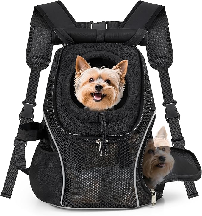 WOYYHO Pet Dog Carrier Backpack with Windows, Ventilated Small Dog Backpack | Breathable Top & Side Windows, Safety Belt, Storage Pockets, Small Dog Front Backpack, for Travel Hiking Outdoor, Black2.0, M