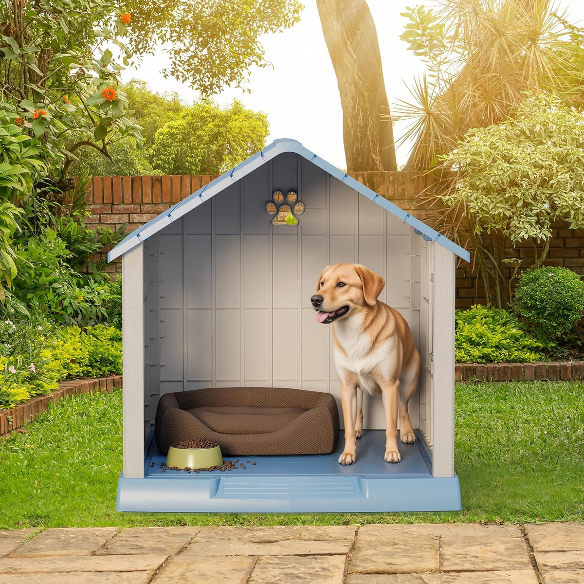 Large Dog House Outdoor Indoor for Medium Large Dogs, Durable Plastic Waterproof Doghouse with Air Vents and Elevated Floor, Easy Clean and Assemble (Blue, 31" L x 33.3" W x 33.5" H)