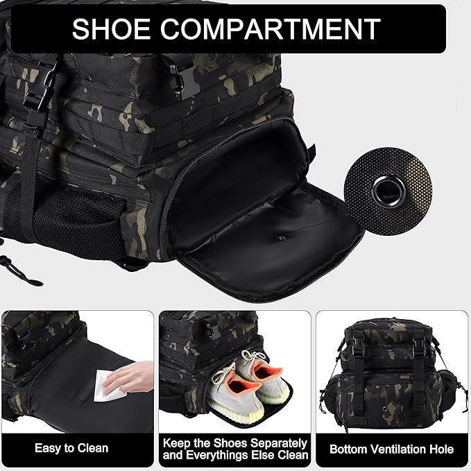 LHI Military Tactical Backpack for Men and Women 45L Army 3 Days Assault Pack Bag Large Rucksack with Shoe Compartment - Black CP