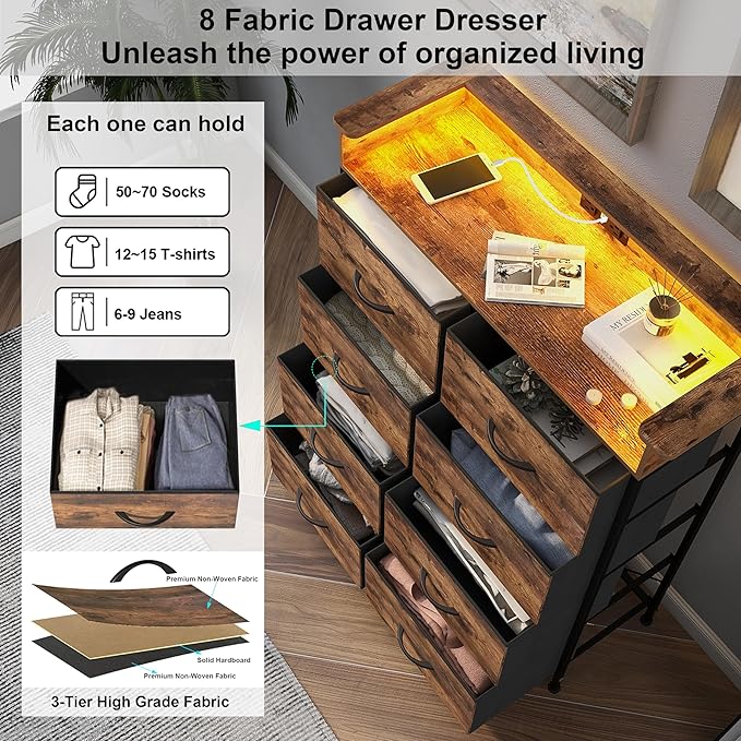 Tall Dresser for Bedroom with Charge Station 8 Drawers Dresser with LED Lights