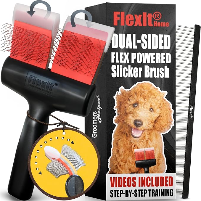 FlexIt Home - Flexible Slicker Brush for Dogs (Double, Soft Flex) | Dog Grooming Brush for Poodles, Golden Doodles, Huskies, Retrievers, and Labradoodles | 3-in-1 System & Video Trainings