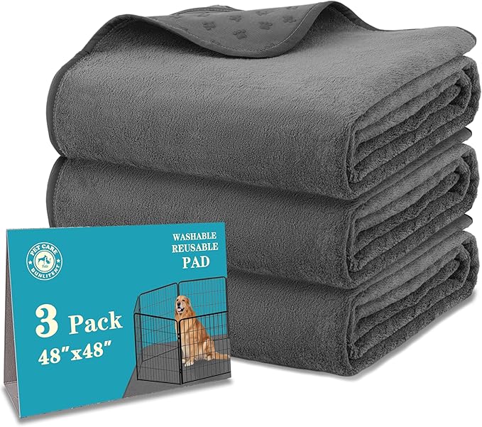 Bunlitent Washable Pee Pads for Dogs, 48'' x 48'', 3 Packs, Grey, Quick-Dry | Non-Slip, Waterproof, Fast Absorbent, For Incontinence, Housebreak, Crate, Whelping Pads, For Puppy, Senior Dog, Incontinence