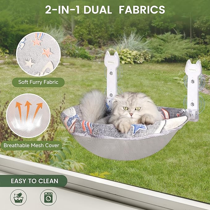Cat Window Perch, Glow in The Dark Foldable Cat Hammock with Sunken Design & Removable Soft Cover, Breathable Cordless Window Bed for Resting Indoor Kitten (Grey Deep Perch, Medium)