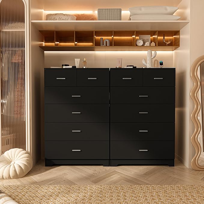 Dresser with Power Outlets Wooden 6 Drawer Dresser with Large Organizer Black