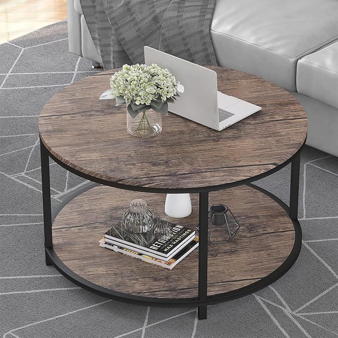 NSdirect Round Coffee Table, 27.5" Small Coffee Table for Living Room,2-Tier Rustic Wood Desktop with Storage Shelf Modern Design Home Furniture(Light Walnut)
