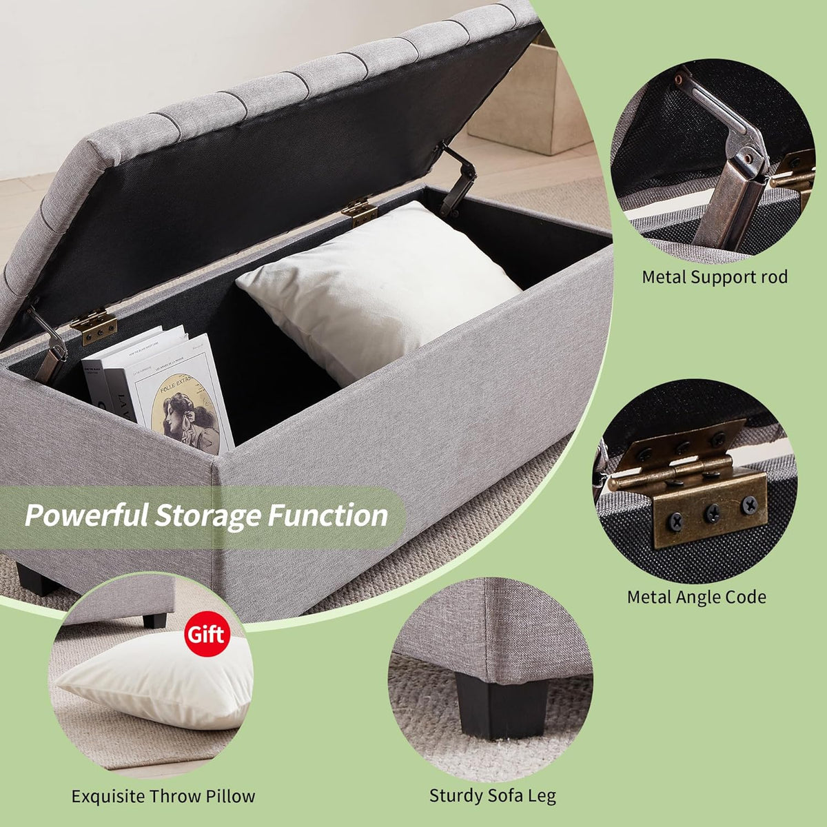 Ottoman with Storage 38 inches, Furniture End of Bed Storage Benches, Long Ottomans Bench with hinged lid, Bench seat Trunk for Foot Rest in Bedroom, Living Room (Gray)