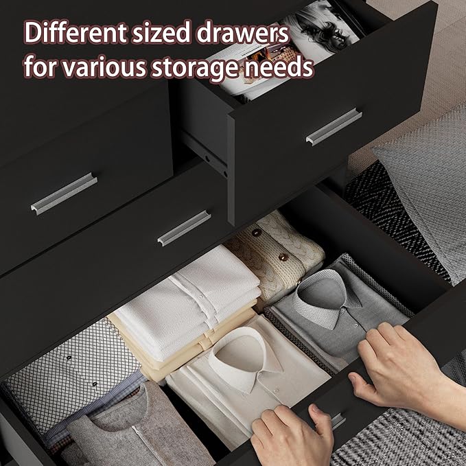 Dresser with Power Outlets Wooden 6 Drawer Dresser with Large Organizer Black
