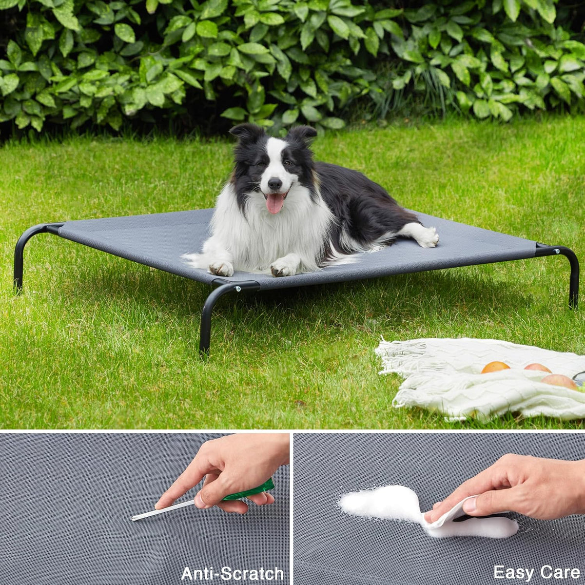 Elevated Cooling Mesh Bed. Breathable rest that stays cool in warm rooms.