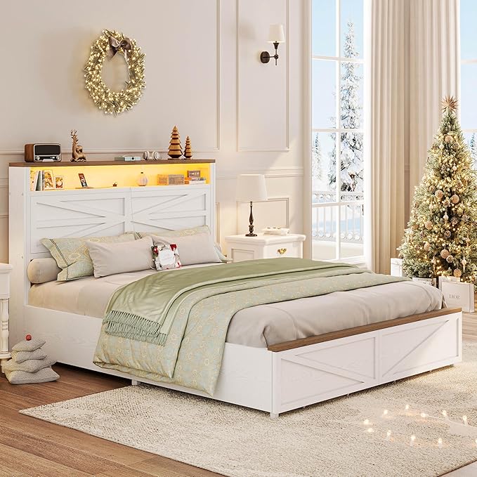 IRONCK Farmhouse Full Size Bed Frame with LED Light and Charging Station, Wood Bed Frame with Storage Headboard and 2 Drawers， Barn Door Design, Sturdy and Noiseless, White