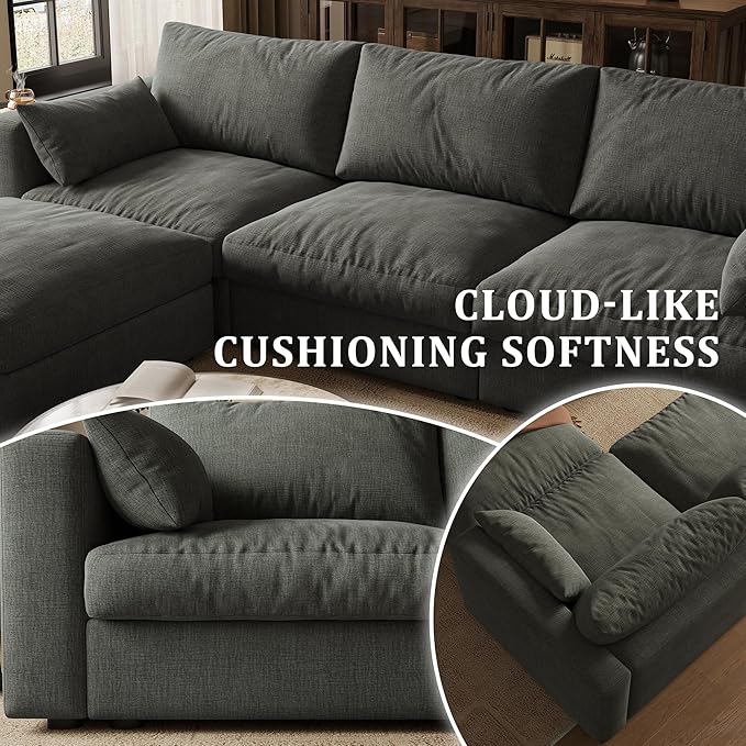Cloud Modular Sectional Sofa Couch with Storage Ottoman, 128" Oversized Sectional Couches for Living Room, Cloud Modular L-Shaped Sofa with Chaise, 5 Seater, Chenille, Dark Gray