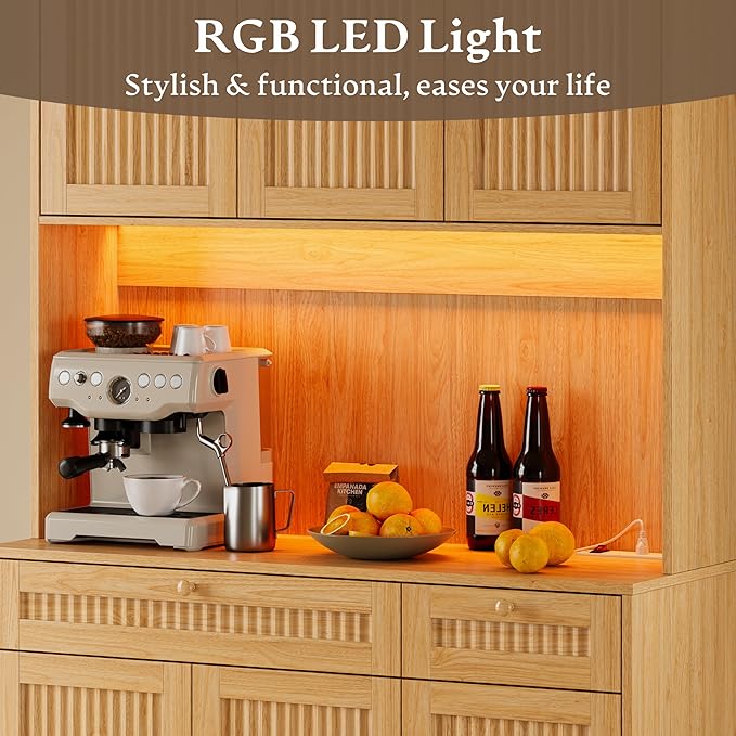Pantry Cabinet with Charging Station and Light, Tall Kitchen Pantry Storage
