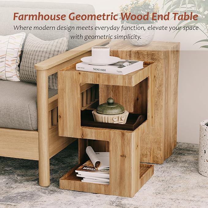 COZAYH Farmhouse Geometric Wood End Table, Distressed Accent Side Table with Two Storage Space, 3-Layer Cube Design for Bedroom, Living Room, Entryway.