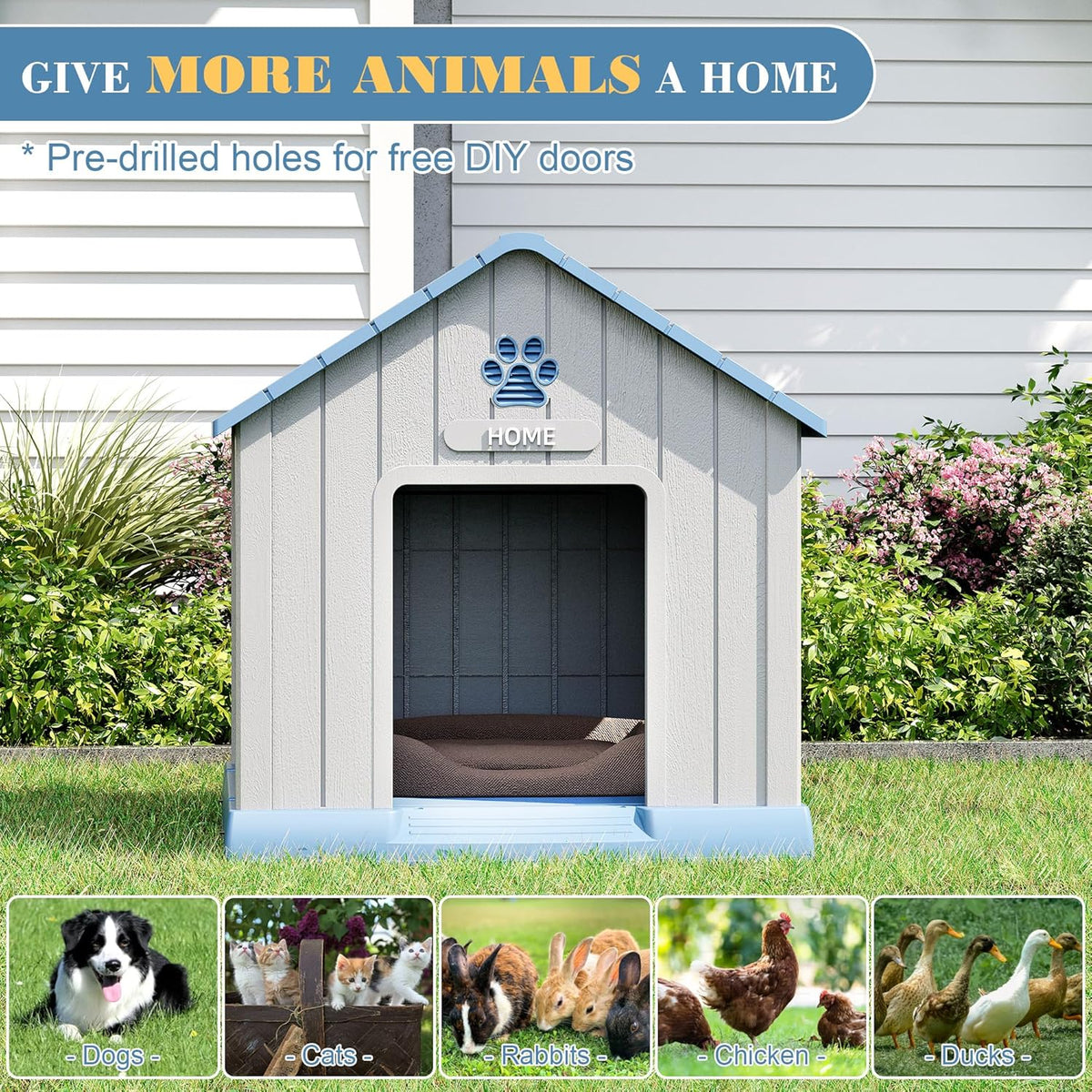 Large Dog House Outdoor Indoor for Medium Large Dogs, Durable Plastic Waterproof Doghouse with Air Vents and Elevated Floor, Easy Clean and Assemble (Blue, 31" L x 33.3" W x 33.5" H)