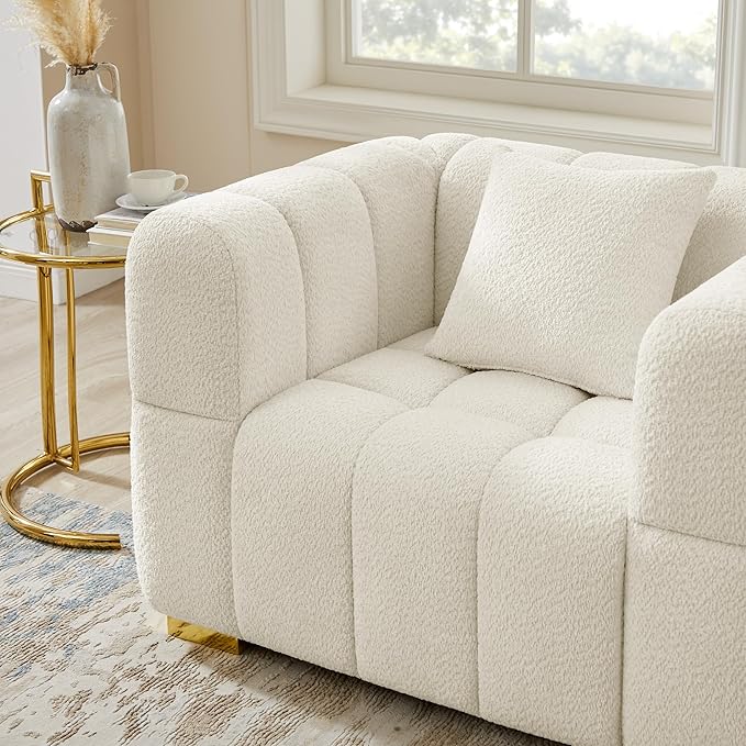 VANOMi Sofa and Chair Set, Modern Deep Seat Couch & Boucle Sofa Chairs, Oversized Upholstered Couch Sets for Living Room, Bedroom, Office, Apartment, White (2 Pieces)