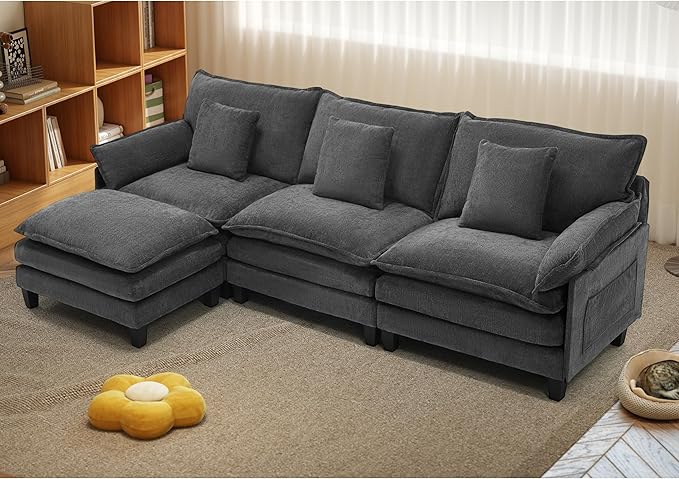 Modular Sectional Sofa, Comfy Cloud Couch with Movable Ottoman, Deep Seat Couches for Living Room, Bedroom and Apartment, 106" L Shaped Modern Sofa with Pillows, Grey