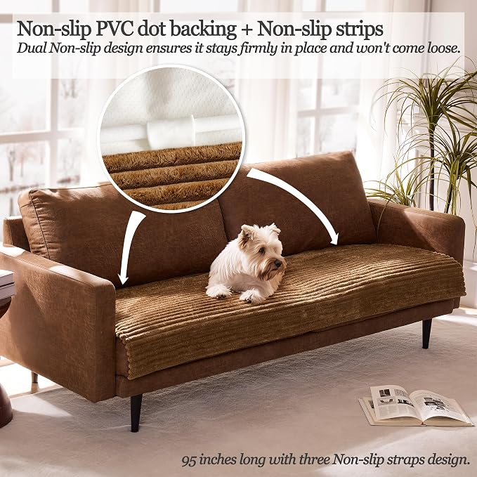 Dual Non-Slip Couch Cover for Dogs Waterproof, Fuzzy Soft Pet Couch Covers for Sofa 3 Cushion, Pet Friendly Soft Dog Bed Covers Sofa Cover Washable (Coconut, 33" x 95" 1 Pack)