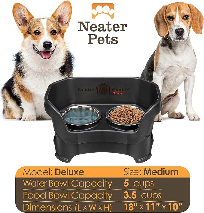 Neater Pet Brands Neater Feeder Deluxe Mess Proof Dog Bowls Elevated for Medium Dogs 19-40 lbs, Made in USA, No Spill Raised Dog Food Bowl Stand Feeding Station, Food and Water Bowl Set, Black