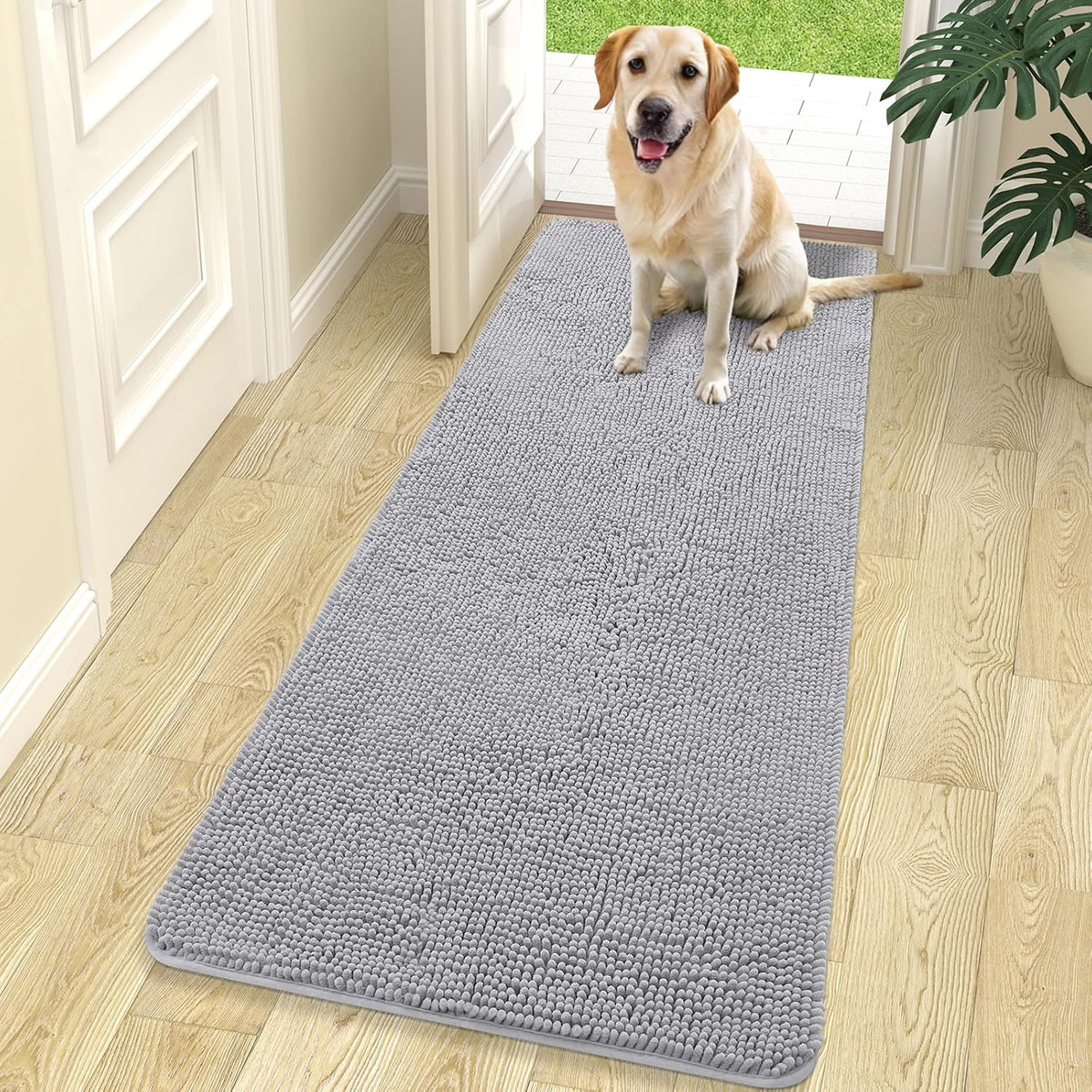OLANLY Dog Door Mat for Muddy Paws 70x24, Absorbs Moisture and Dirt, Absorbent Non-Slip Washable Doormat, Quick Dry Chenille Mud Mat for Dogs, Entry Indoor Entryway Carpet for Inside Floor, Light Grey