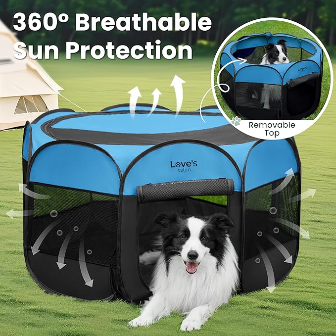 Love's cabin Pet Puppy Dog Playpen, Large Dog Tent Crates Cage Indoor/Outdoor, Portable Playpen for Cat, Foldable Pop Up Dog Kennel Playpen with Carring Case, Removable Zipper Top, Blue