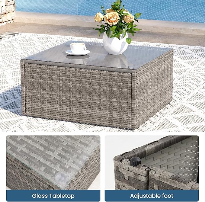 8 Pieces Outdoor Patio Furniture Set with 43" Fire Pit Table, Wicker Outdoor Patio Sectional Sofas Coffee Table, All-Weather Patio Conversation Set with Cushions for Garden Backyard, Navy Blue