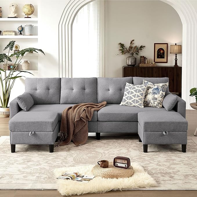 101" Convertible Sectional Sofa, Modern Linen Fabric U-Shaped Couch with 2 Storage Ottomans and Storage Pocket, 4 Seat Sofa Couches for Living Room, Apartment, Office, LightGrey