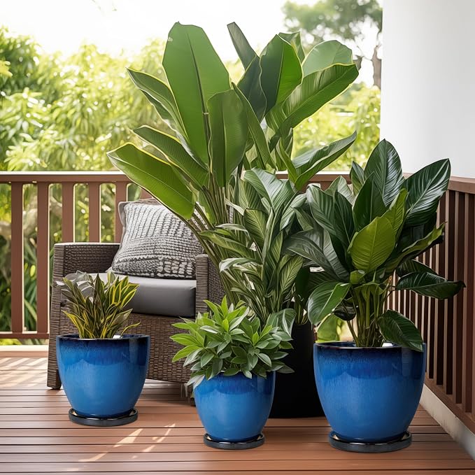 Ceramic Pots for Plants - 10 Inch Planter for Indoor Ourdoor Plants Modern Large Flower Pot with Drainage Hole and Saucer Room Home Office Garden Patio Porch Decor Blue
