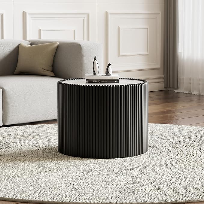 Black Round Coffee Table with Sintered Stone Tabletop, 17.71" Drum Coffee Table with Fluted PU Leather Covered and Stable Base, Circle Cocktail Tea Table for Living Room