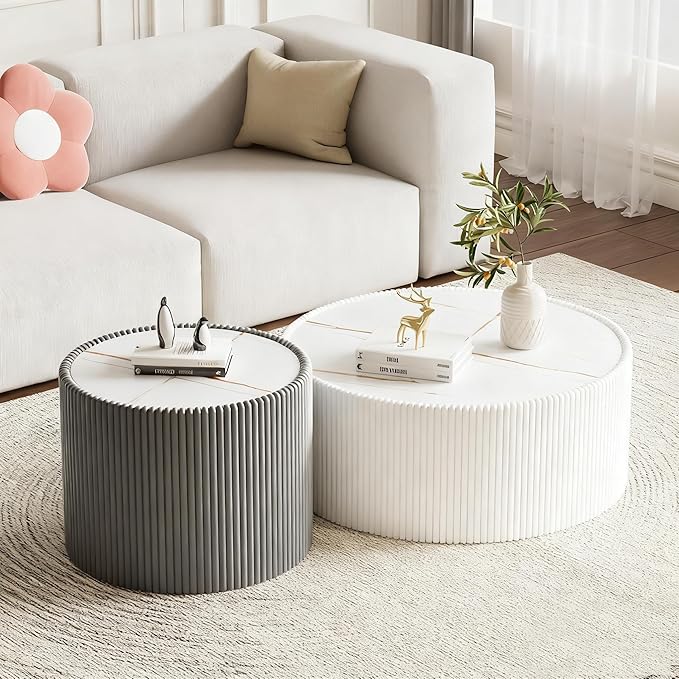 Round Coffee Table Set with Sintered Stone Tabletop, 29.52" White Drum Center Table and 17.71" Grey Coffee Table Set, 2 Pieces Living Room Table Set with Fluted PU Leather Cover& Stable Base