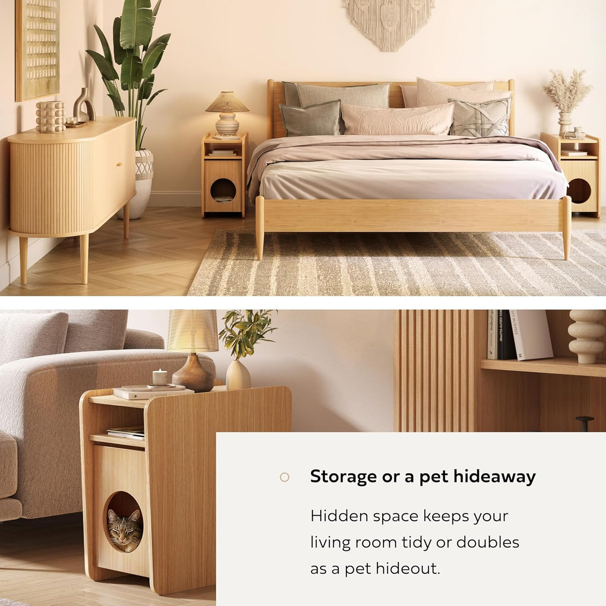 WERMO 12'' Narrow End Table for Living Room - Small Side Table with Shelf, Magazine Holder and Storage Doubling as Cat Hideaway for Couch, Chair and Bedside. Wood Night Stand for Bedroom (Oak)