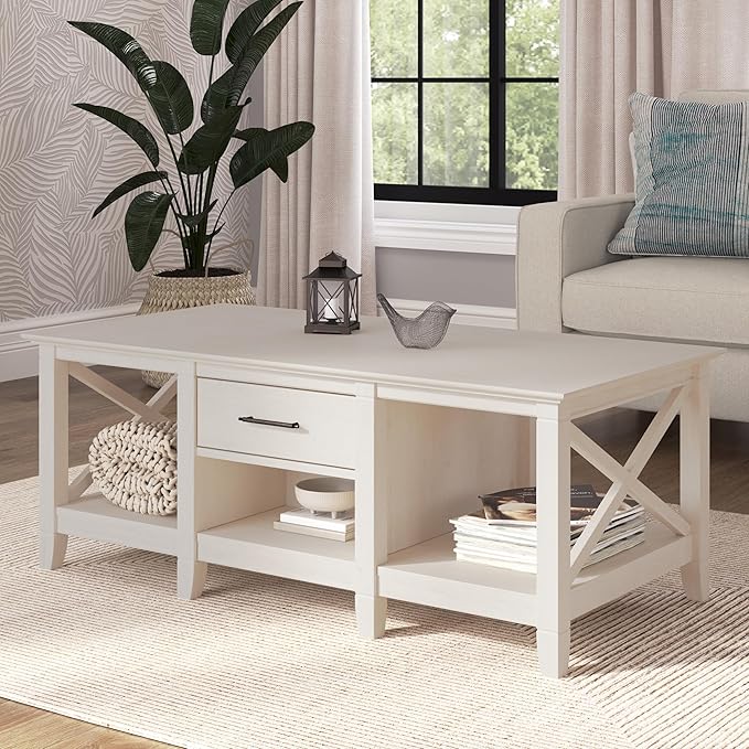 Bush Furniture Key West Coffee Table with Storage in Linen White Oak