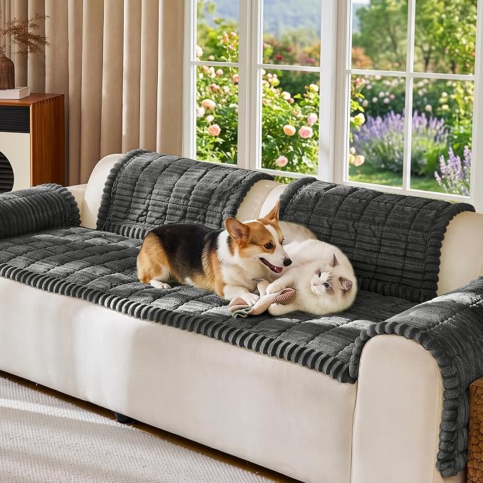 FUANGUI Waterproof Couch Cover Sofa Cover for Dogs and Pets Sofa Protector | Non-Slip Washable Fuzzy Soft Cat Bed Sofa Slipcover for 2-3 Cushion Couch Sofa Pet Friendly, Dark Grey, 27.6" x 82.7", 1 pcs