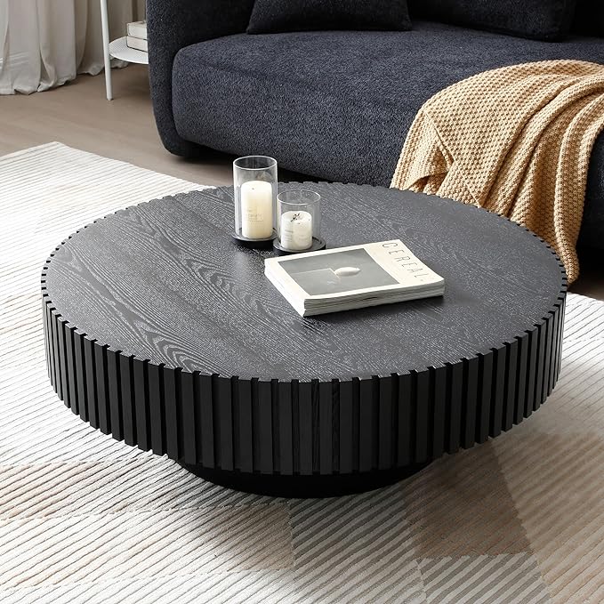35.43''/90CM Round Wood Coffee Table for Living Room, Modern Handcraft Drum Tea Table, Circle Wooden Coffee Table for Small Space Apartment(Black, Ø35.43 x 13.77)